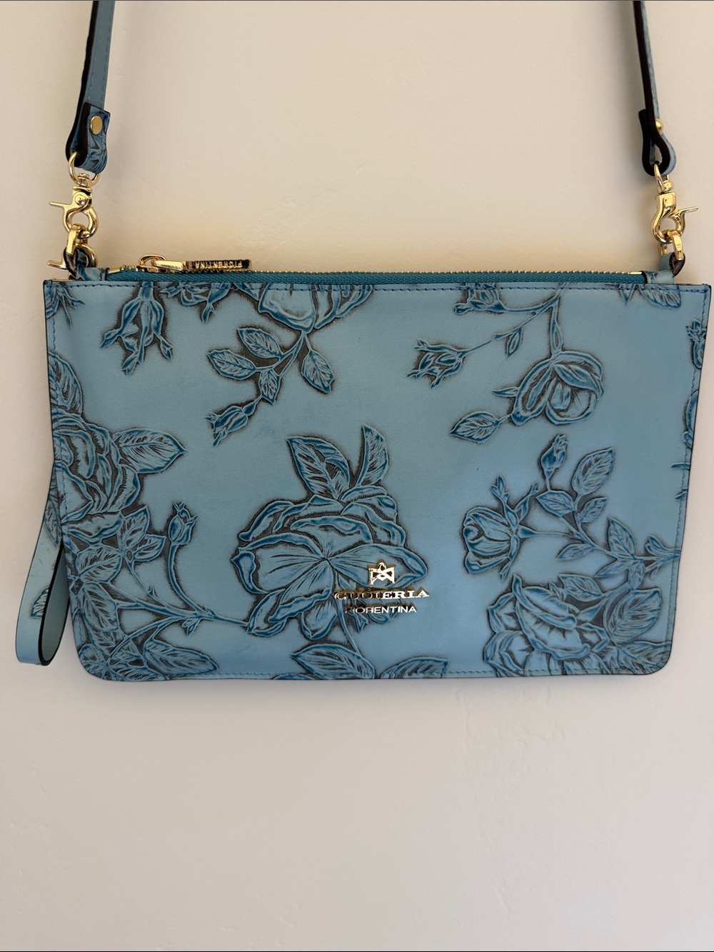 Cuoieria Fiorentina Blue Leather Floral Embossed Crossbody. Made in Italy